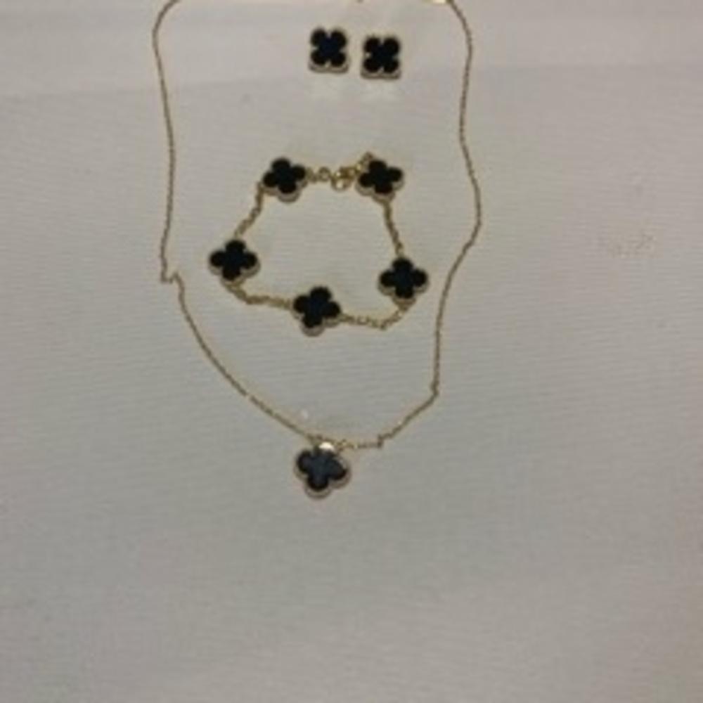 Gold Tone Black Clover Pendant Necklace, Bracelet & Stud Earring Set